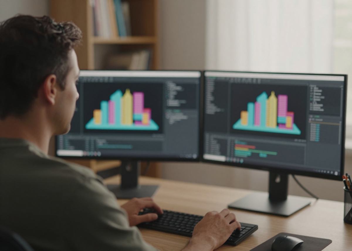 An engineer working on system diagrams across two monitors